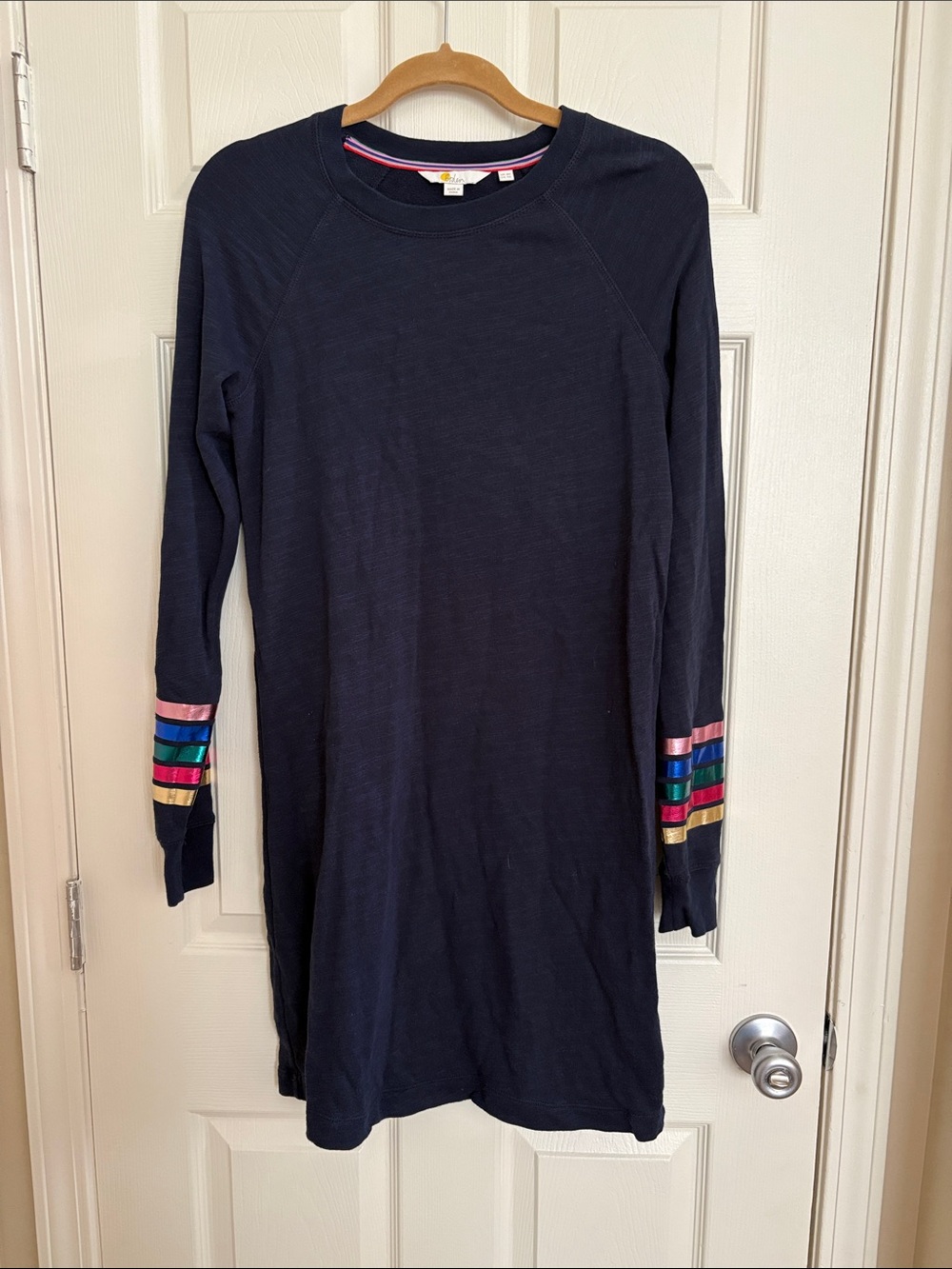 Boden Navy Long Sleeve Cotton Tee Shirt Dress w/ Multicolor Rainbow Cuff Stripes